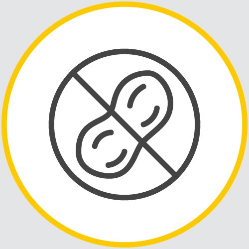 a drawing of the outline of a peanut inside a no sign in a yellow circle