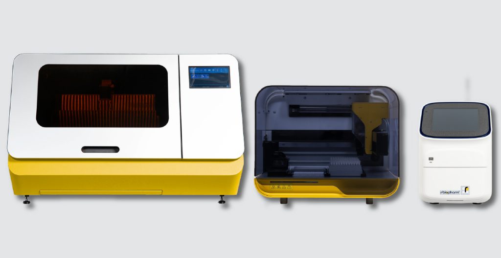 Three pieces of laboratory technology arranged next to each other on a transparent background